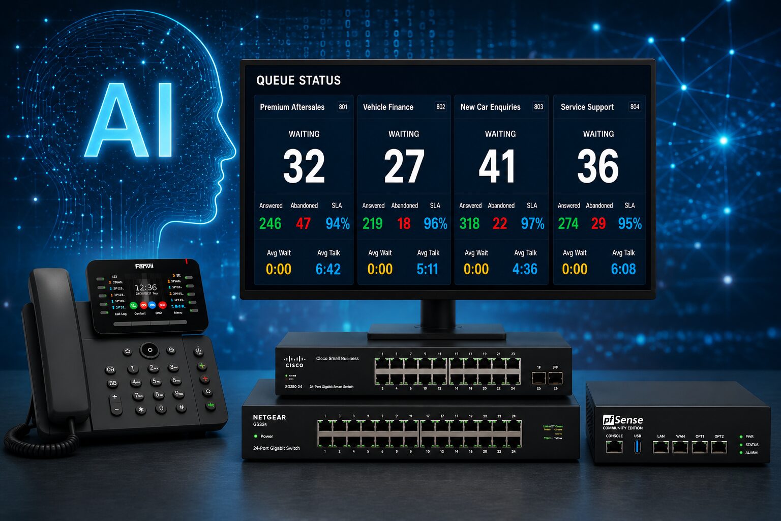 AI-powered voice agents and call analytics dashboard with 3CX wallboard